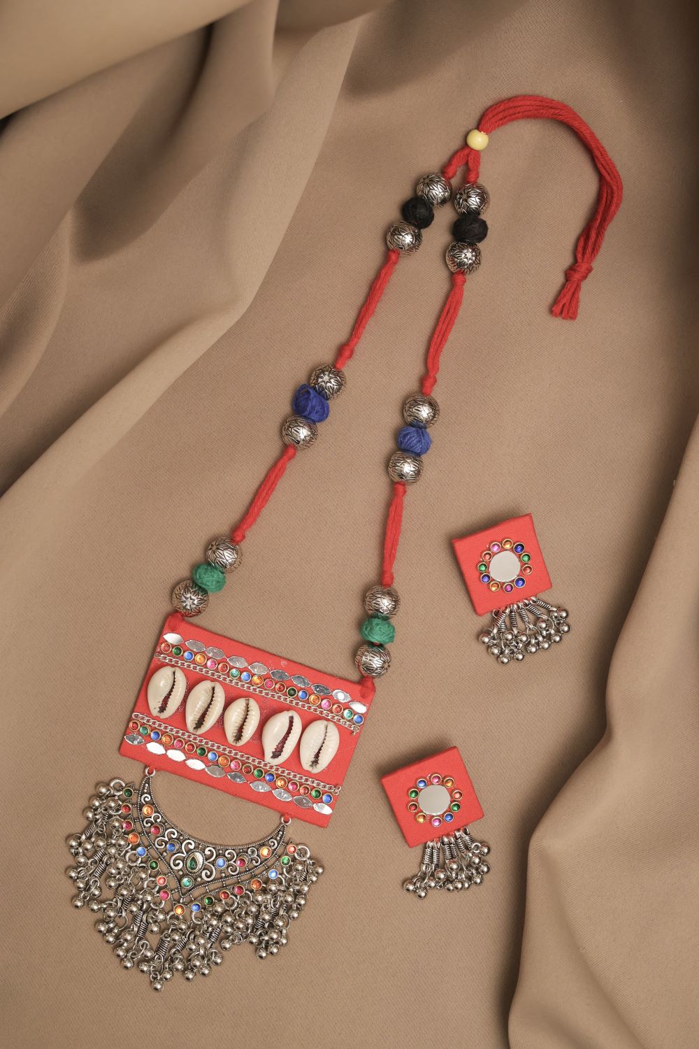Oxodise Fabric Mirror Kodi Necklace with Multicolor Cabochons