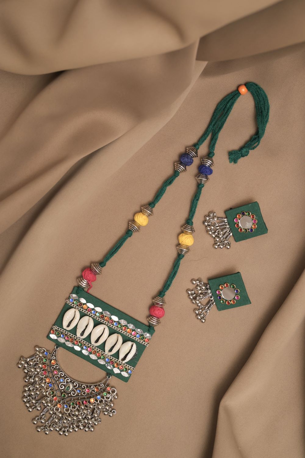 Oxodise Fabric Mirror Kodi Necklace with Multicolor Cabochons