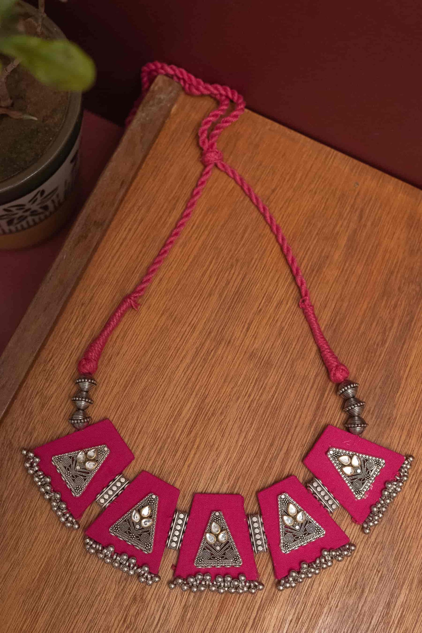 Multicolor Oxodise Fabric Choker with Silver Triangle Motifs