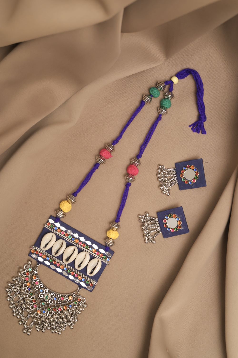 Oxodise Fabric Mirror Kodi Necklace with Multicolor Cabochons