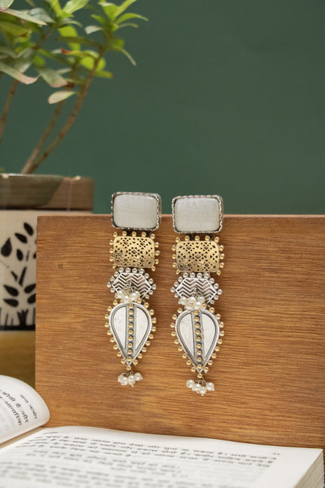 Oxidise Two Tone Earing with Multicolor Stones & Dangling Teardrops