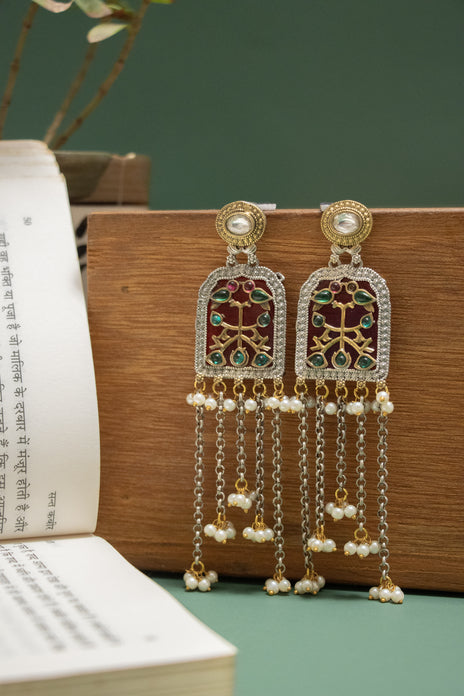 Silver Look-Alike Two Tone Jharokha Earring with Dangling Chain Beads