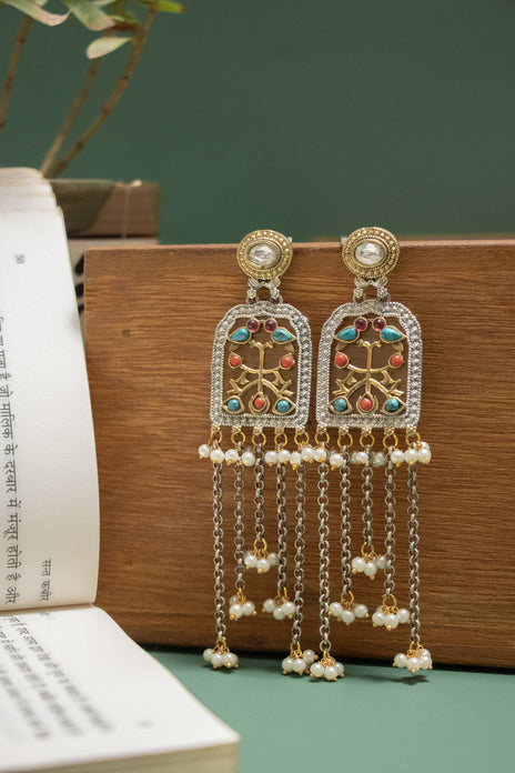 Silver Look-Alike Two Tone Jharokha Earring with Dangling Chain Beads