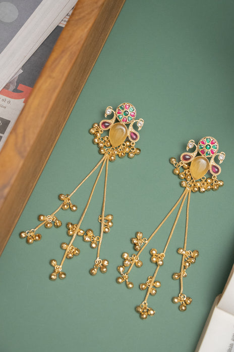 Silver Look-Alike Gold Earing with Multicolor Teardrop Cabochon