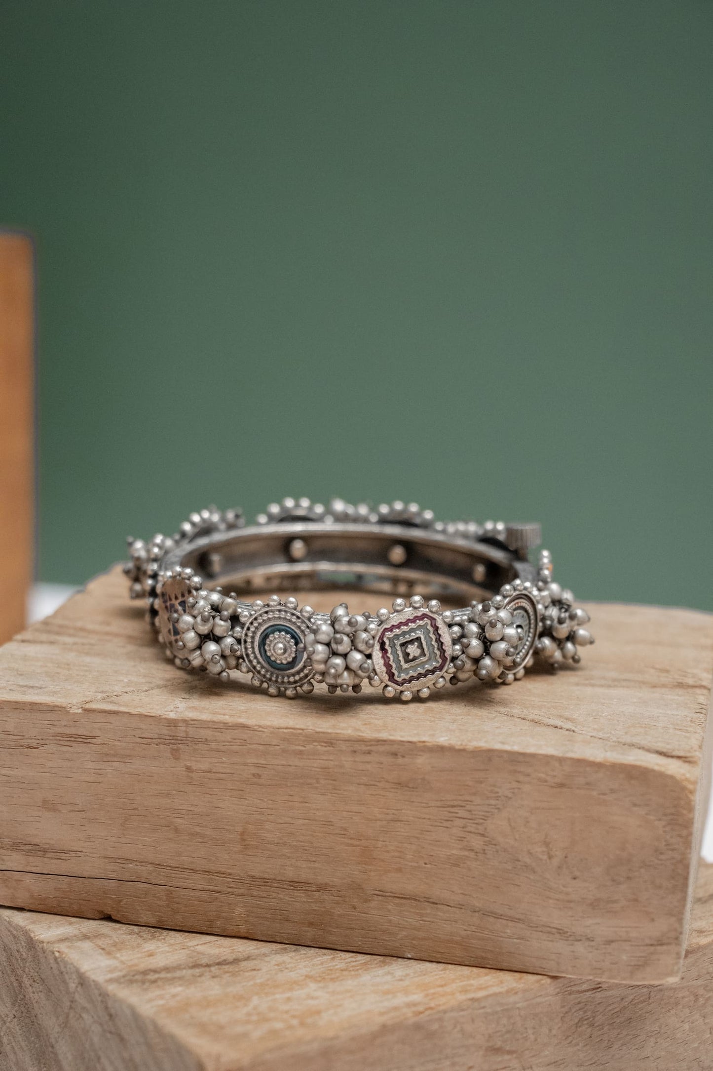 Silver Look-Alike Round & Square Pattern Kada with Bells