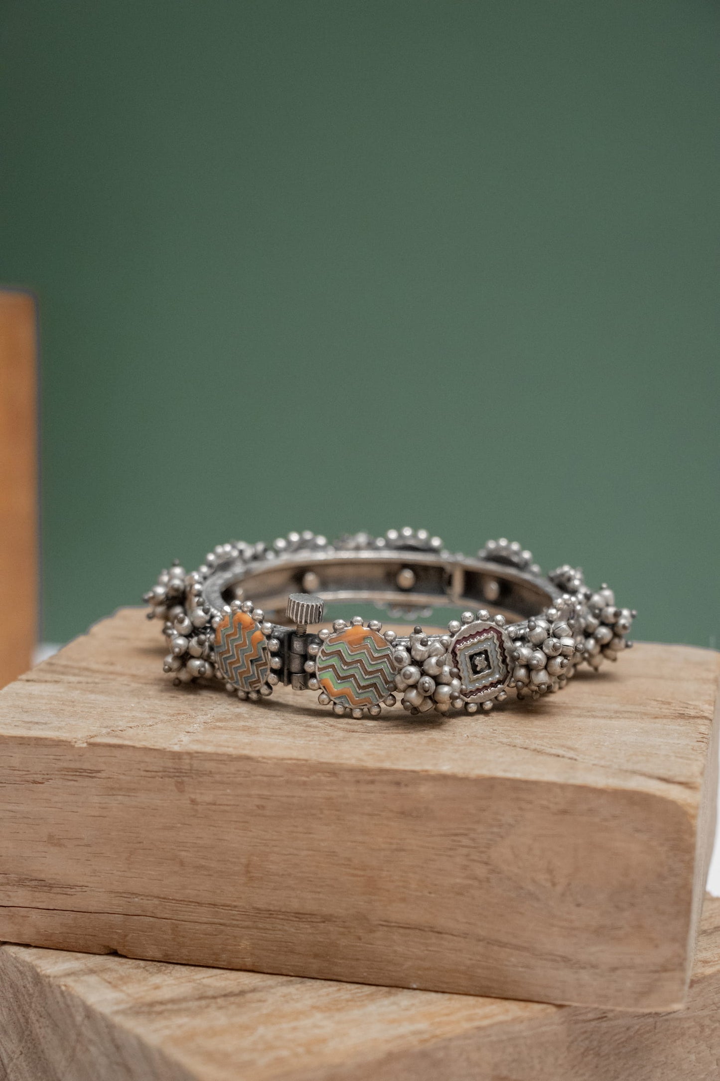 Silver Look-Alike Round & Square Pattern Kada with Bells