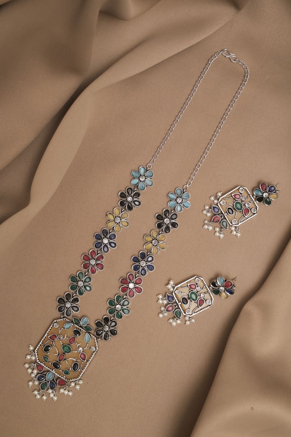 Silver Look-Alike Chain Pendant with Multicolor Cabochon Flowers