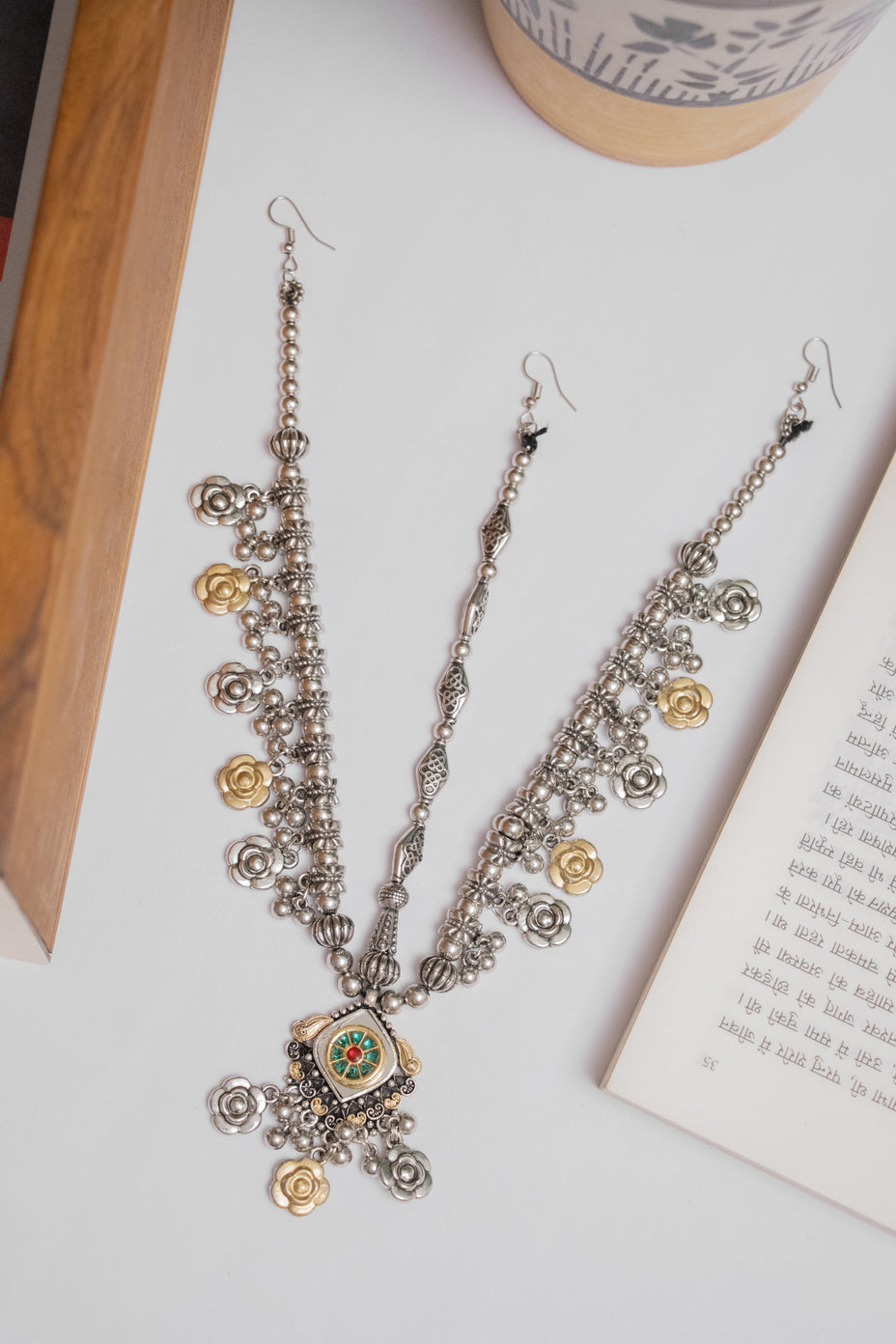 Oxodise Square Damini with Multicolor Cabochons & Dangling Flowers