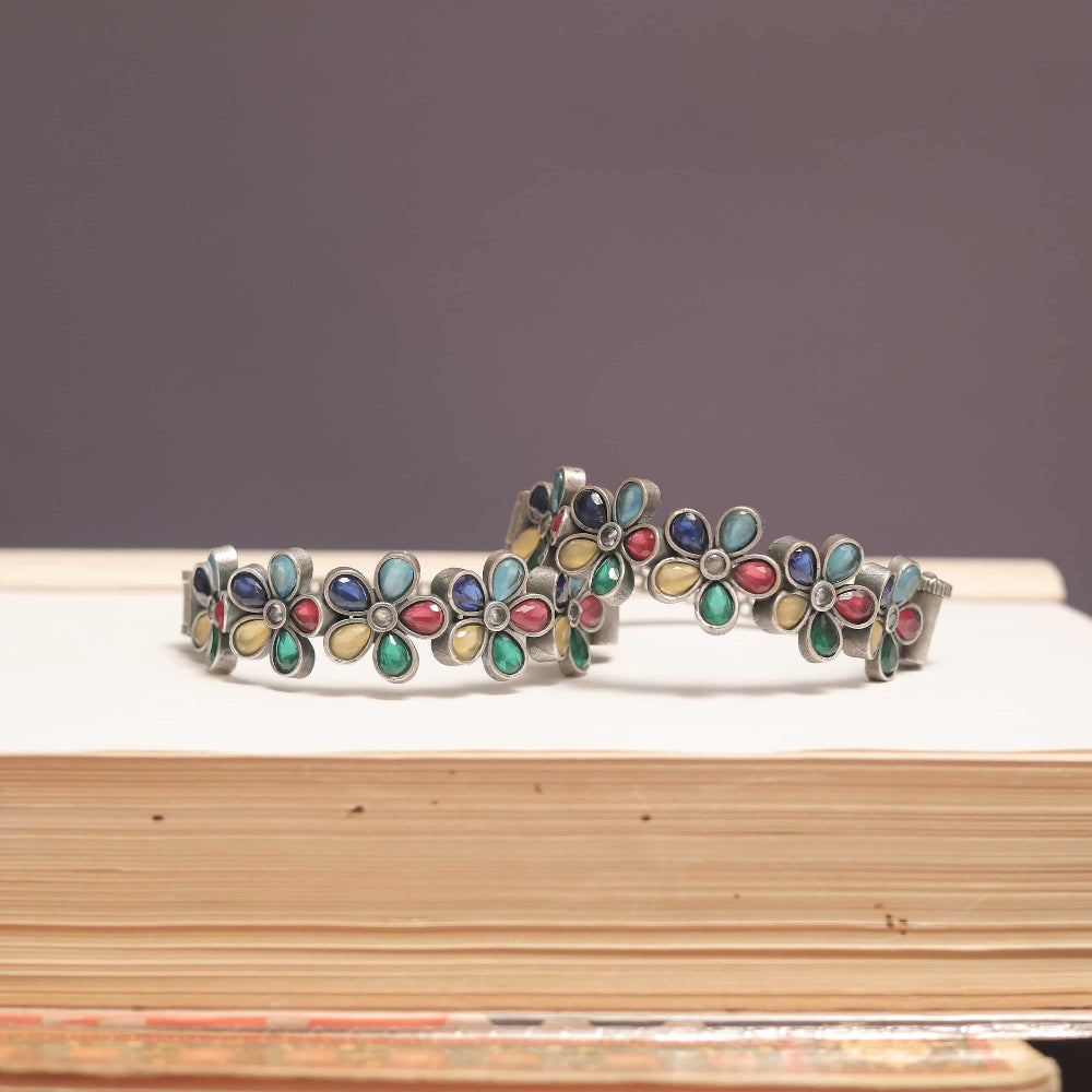 Silver Look-Alike Kada with Multicolor Cabochon Flowers