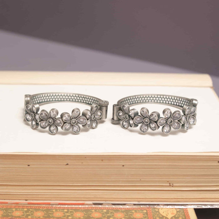 Silver Look-Alike Kada with Multicolor Cabochon Flowers