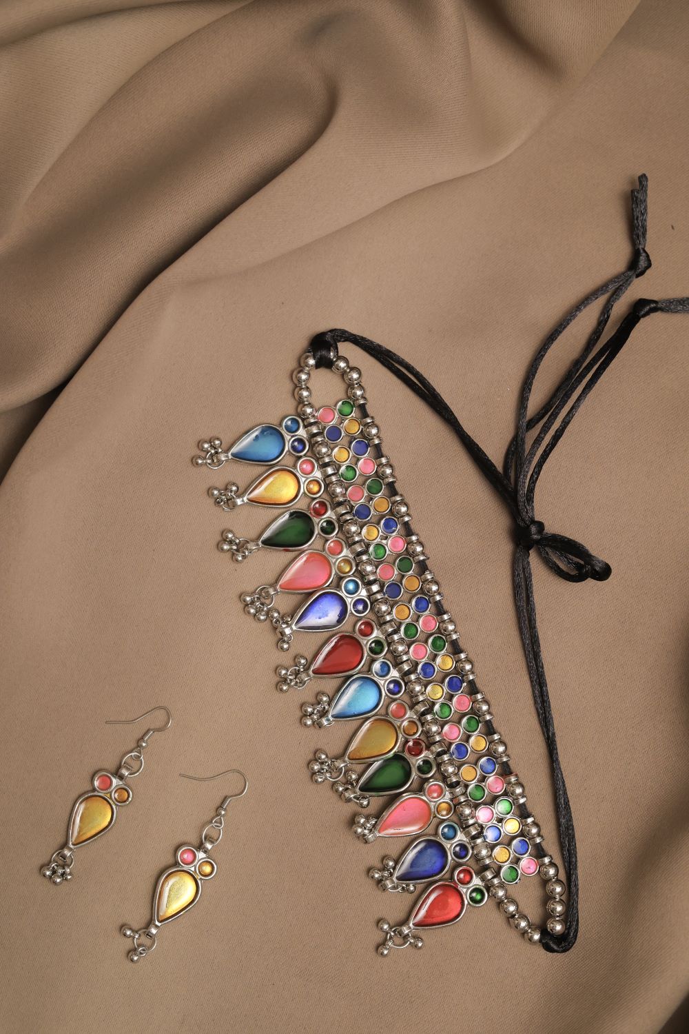 Oxodise Meena Necklace with Multicolor Cabochons Tear Drops
