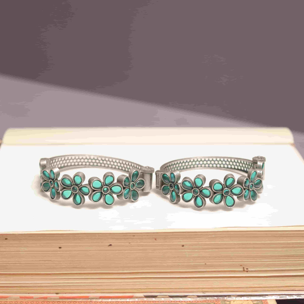 Silver Look-Alike Kada with Multicolor Cabochon Flowers