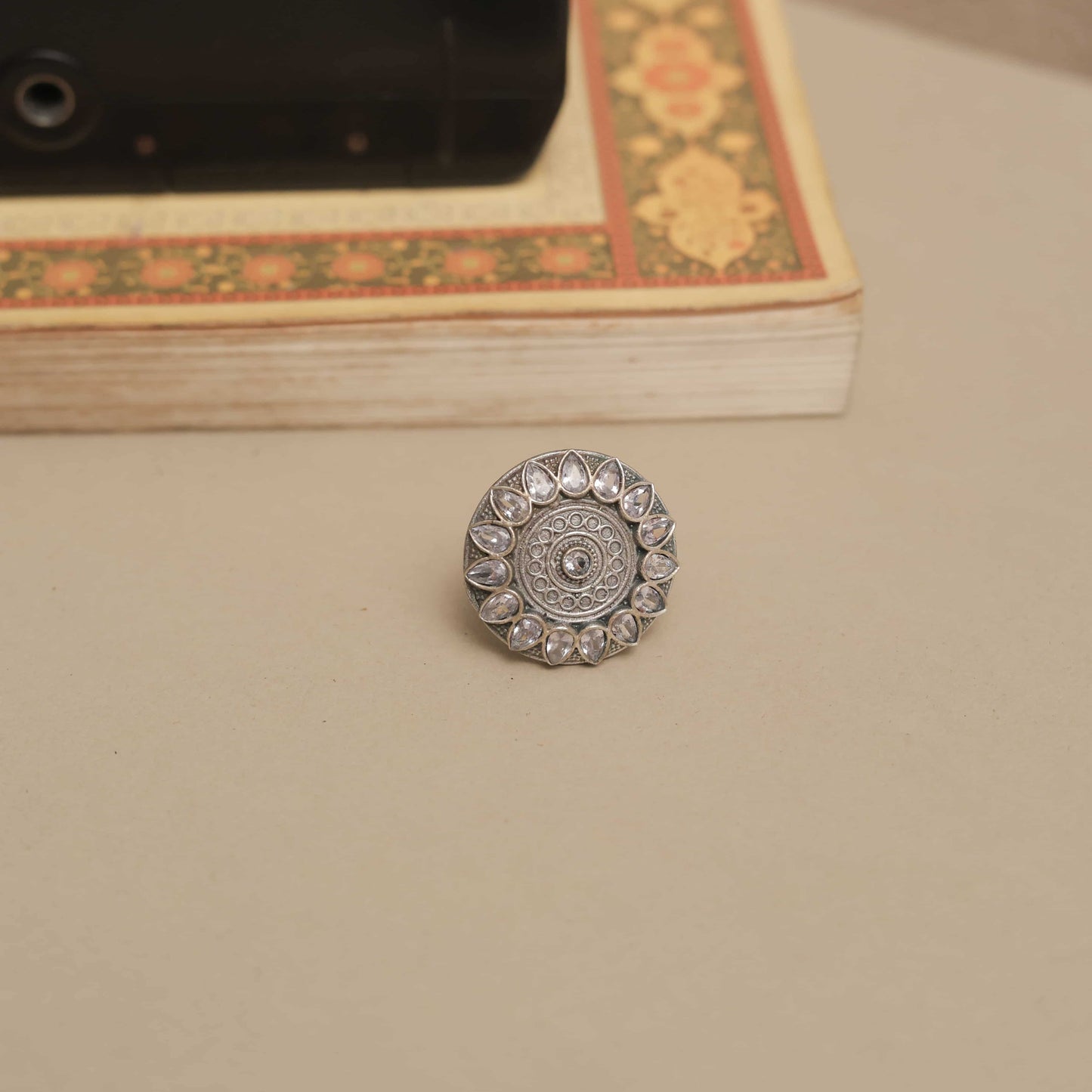 Silver Look-ALike Mandala Design Ring with Multicolor Petal Cabochons