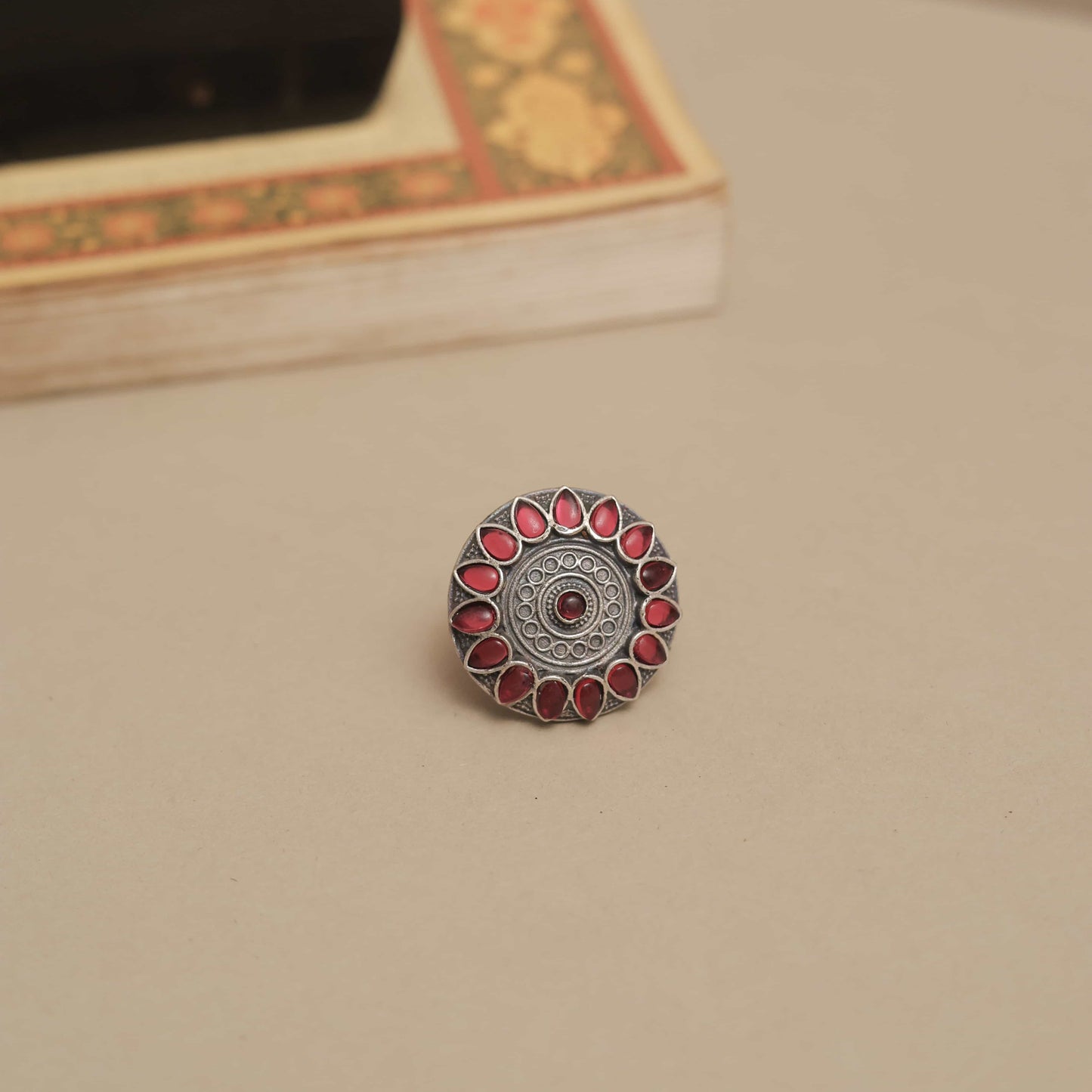 Silver Look-ALike Mandala Design Ring with Multicolor Petal Cabochons