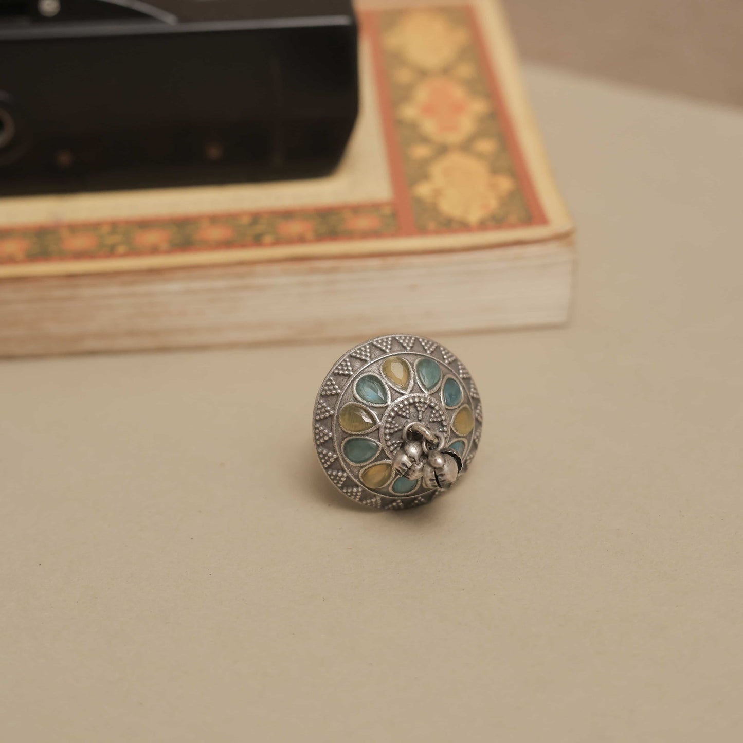 Silver Look-Alike Ring with Dangling Beads and Colored Petals