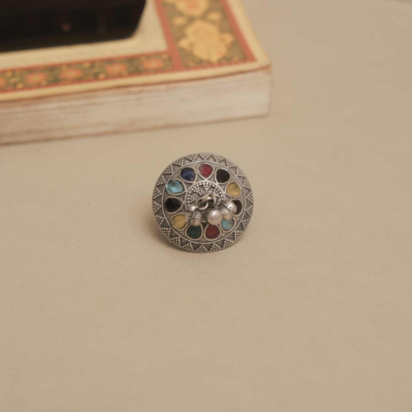 Silver Look-Alike Ring with Dangling Beads and Colored Petals