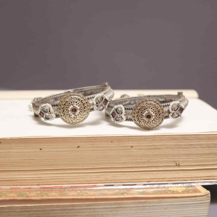 Silver Look-Alike Two Tone Kada with Cabochons & Jhumkas (2 Sizes)