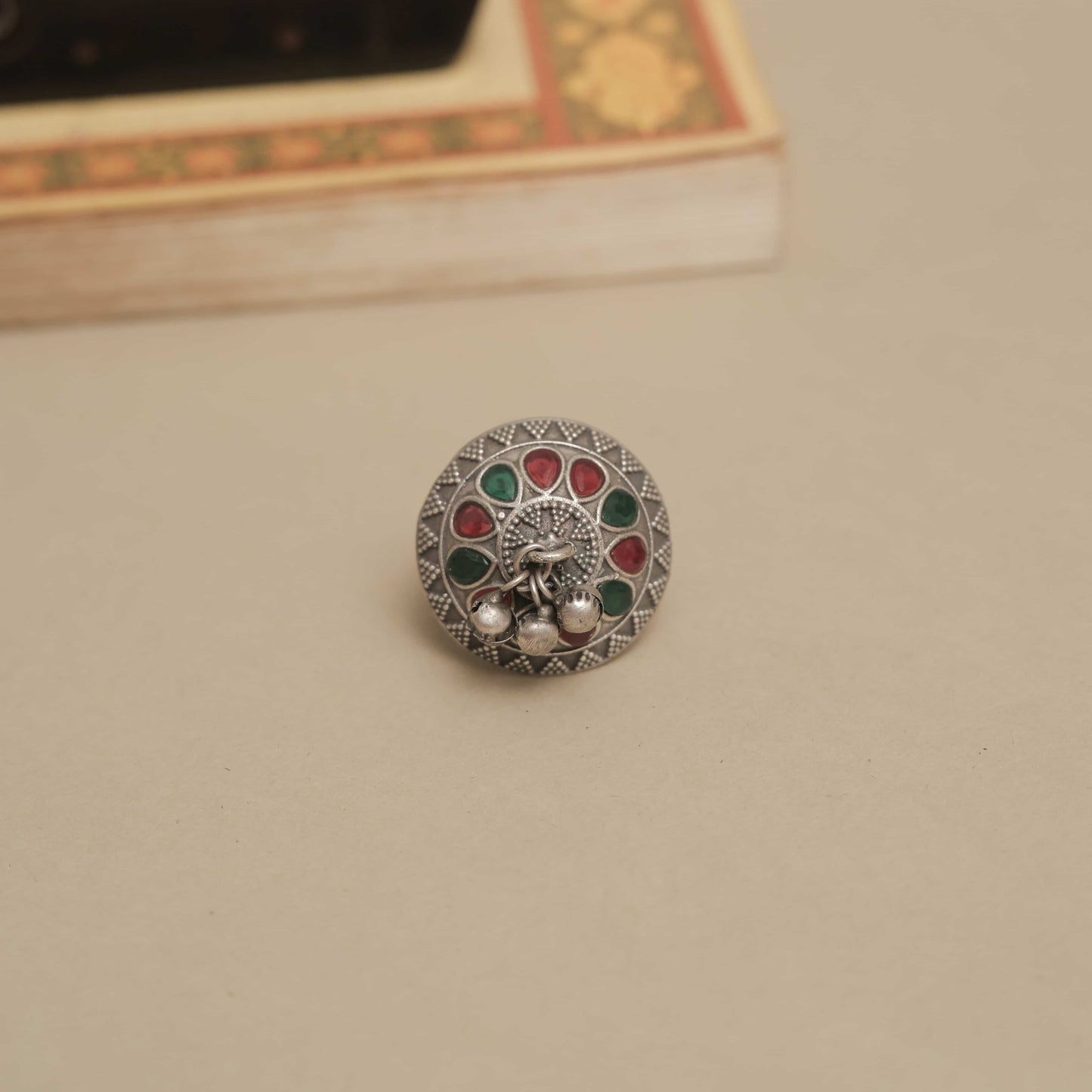 Silver Look-Alike Ring with Dangling Beads and Colored Petals