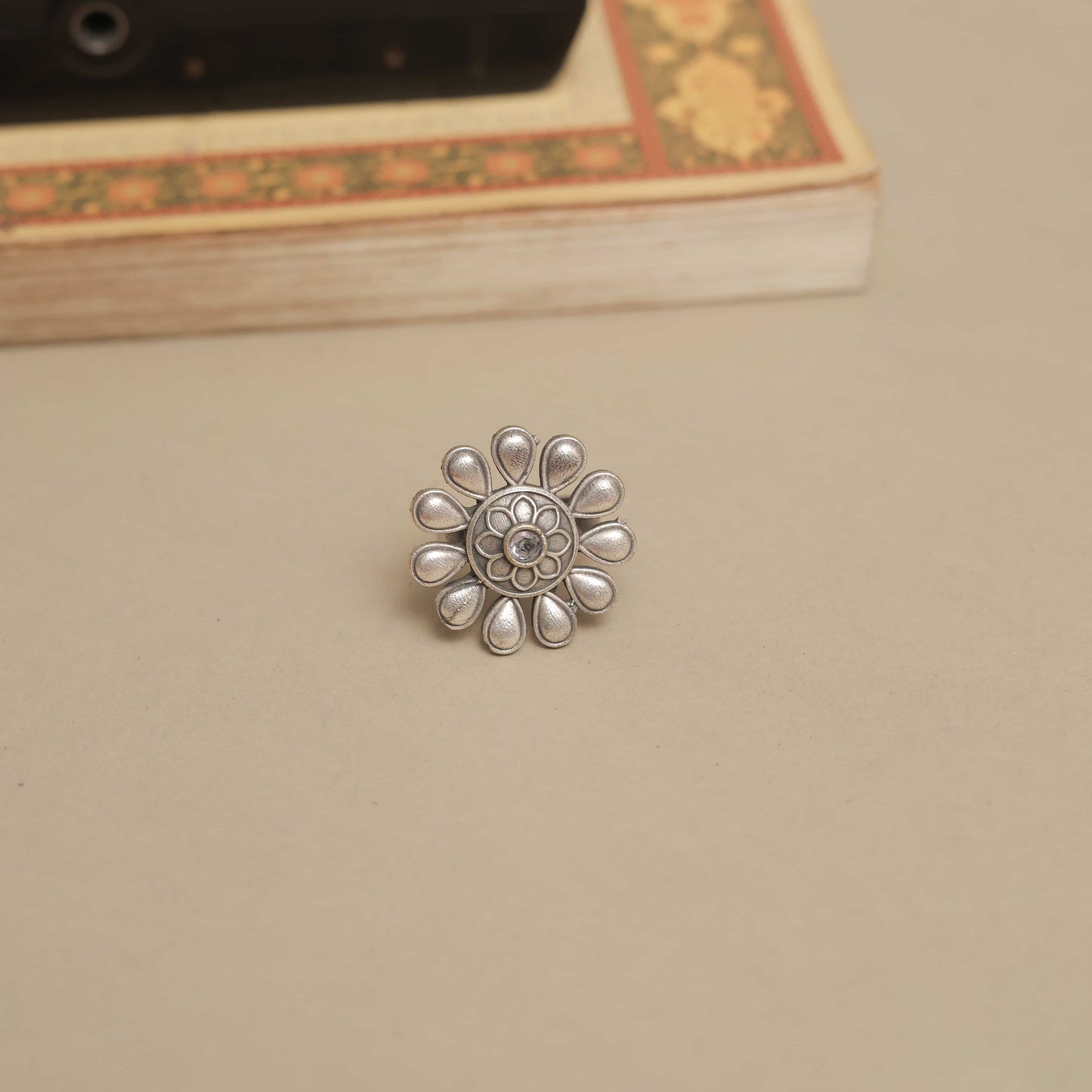 Silver Look-Alike Ring with Teardrop Petals & Multicolor Cabochon
