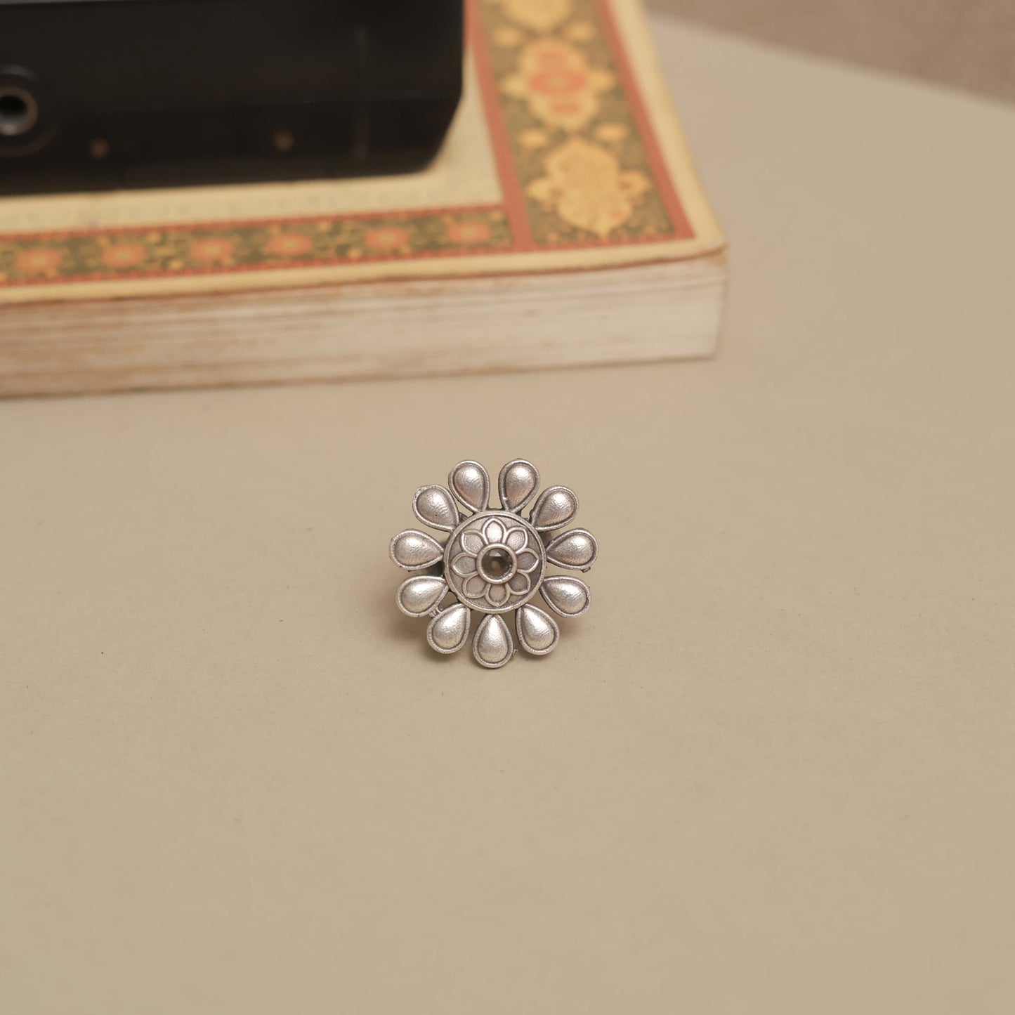 Silver Look-Alike Ring with Teardrop Petals & Multicolor Cabochon
