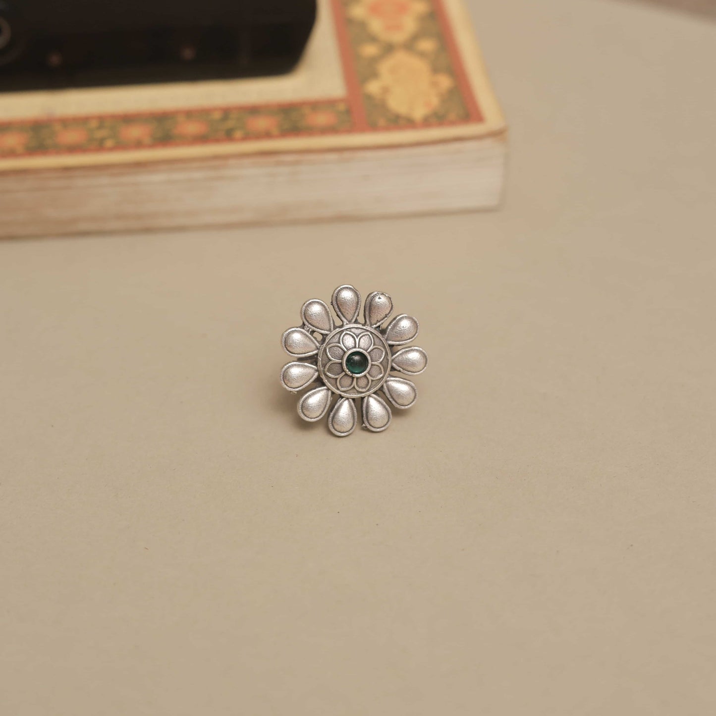Silver Look-Alike Ring with Teardrop Petals & Multicolor Cabochon