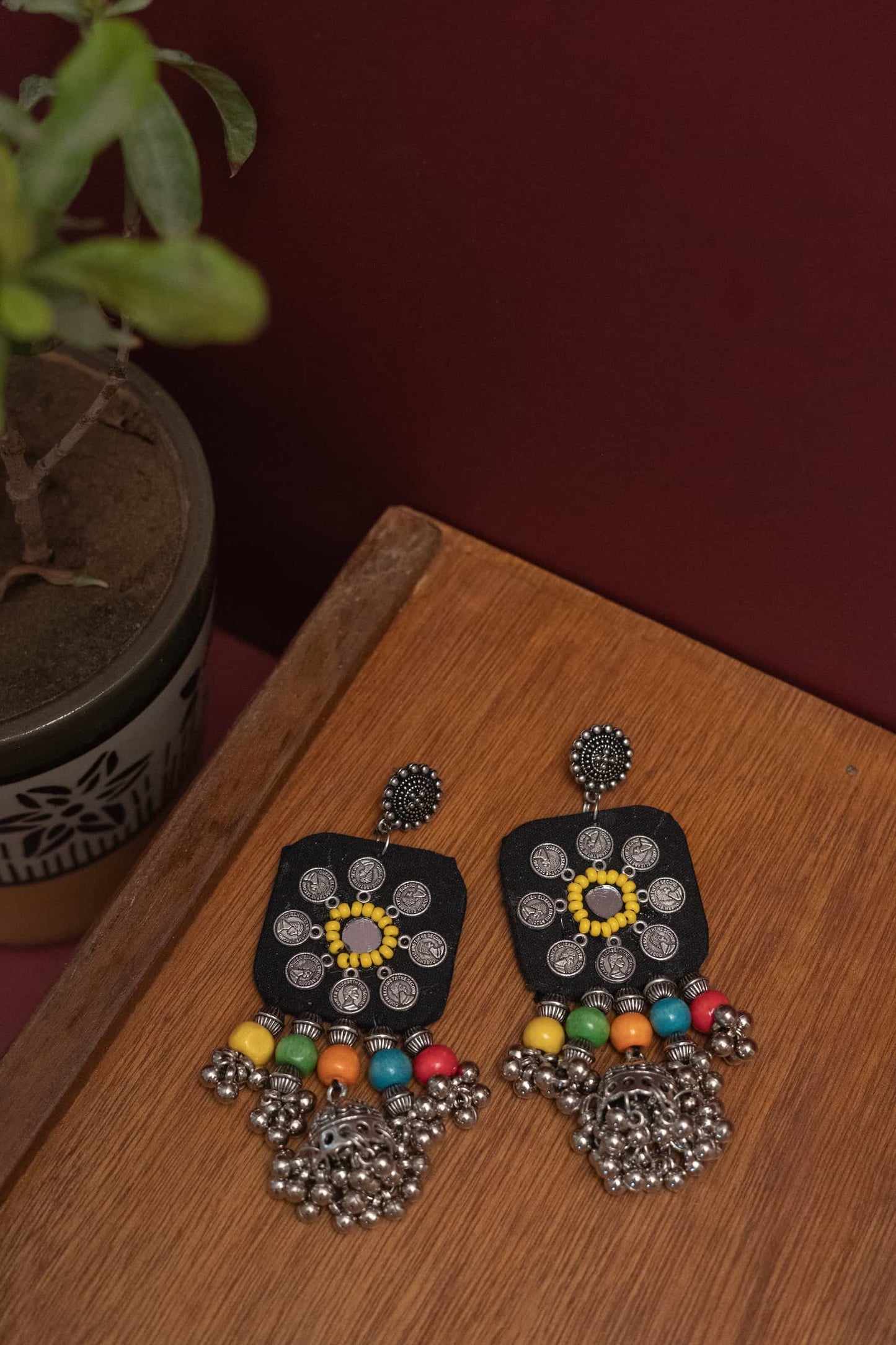 Fabric Lotus Mirror Necklace with Dangling & Colorful Beads
