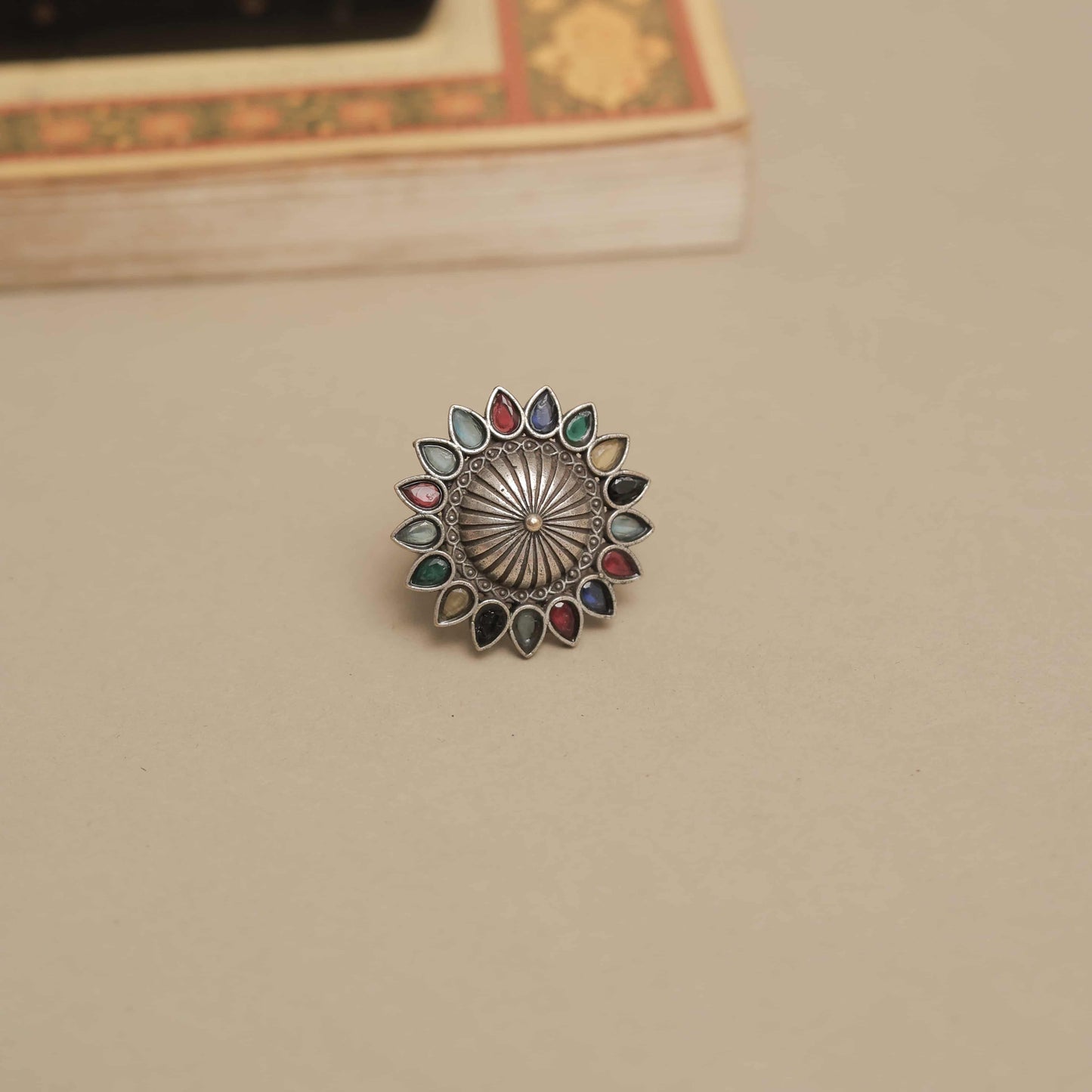 Silver Look-ALike Sunburst Design Ring with Multicolor Petal Cabochons