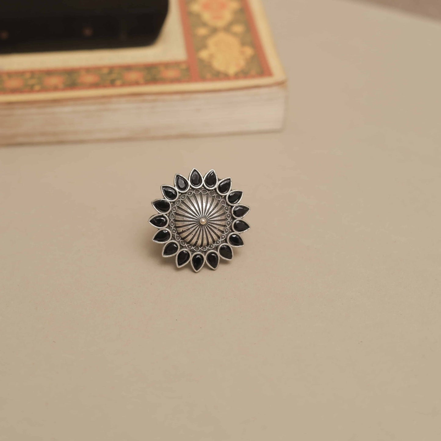 Silver Look-ALike Sunburst Design Ring with Multicolor Petal Cabochons