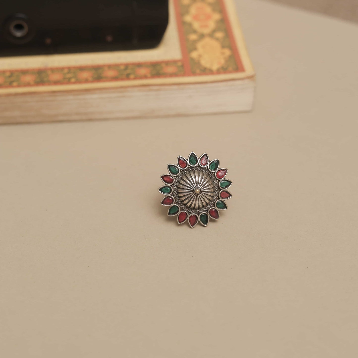 Silver Look-ALike Sunburst Design Ring with Multicolor Petal Cabochons