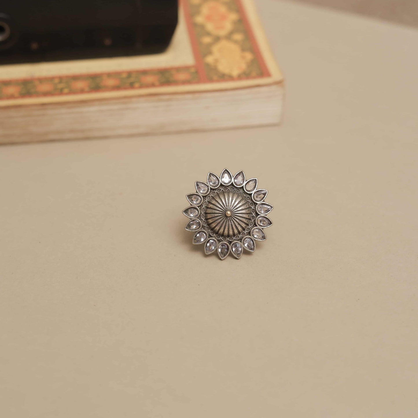 Silver Look-ALike Sunburst Design Ring with Multicolor Petal Cabochons