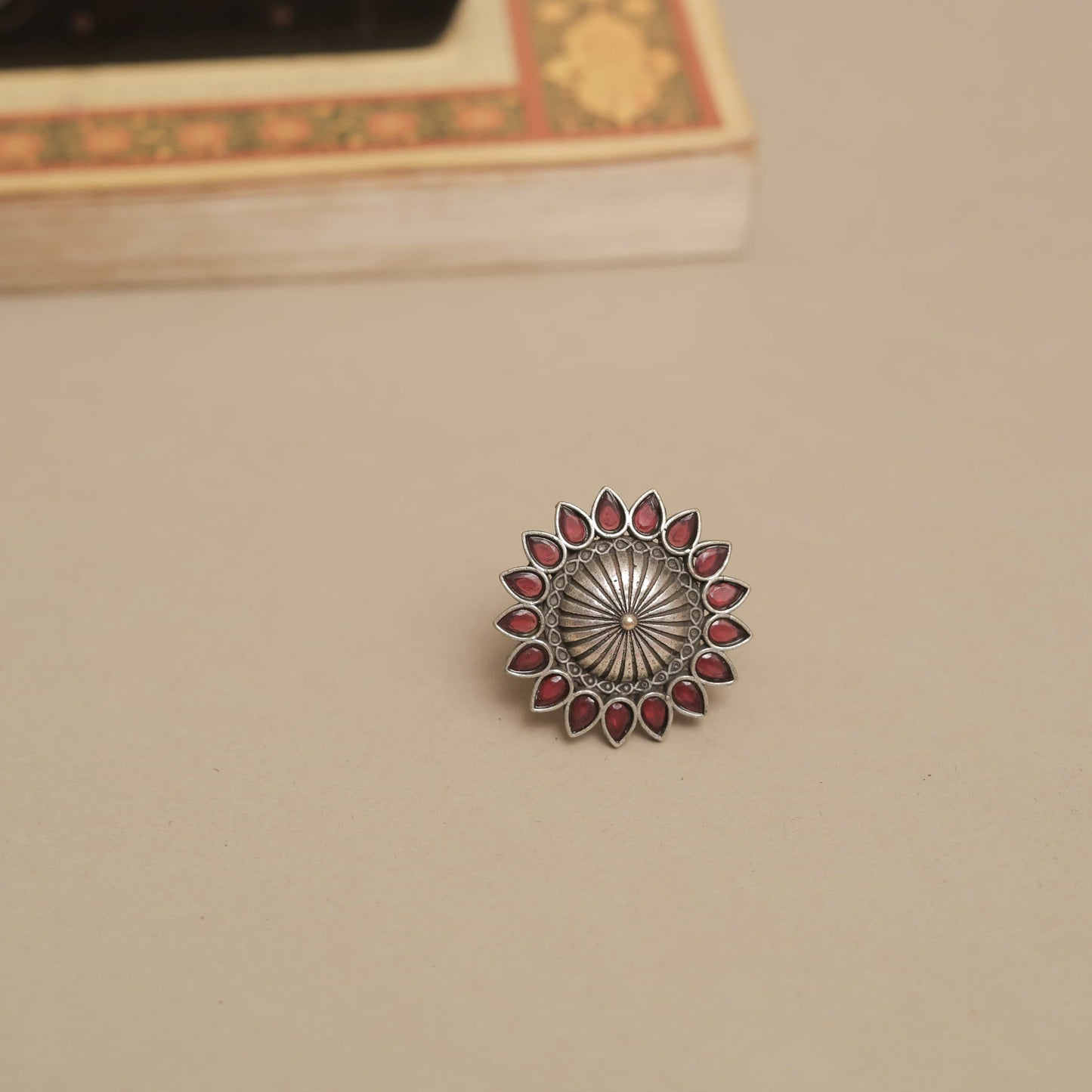 Silver Look-ALike Sunburst Design Ring with Multicolor Petal Cabochons