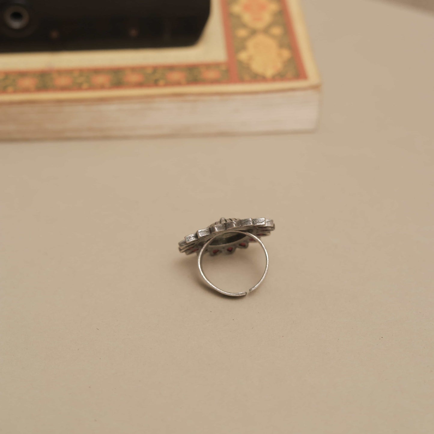 Silver Look-ALike Sunburst Design Ring with Multicolor Petal Cabochons