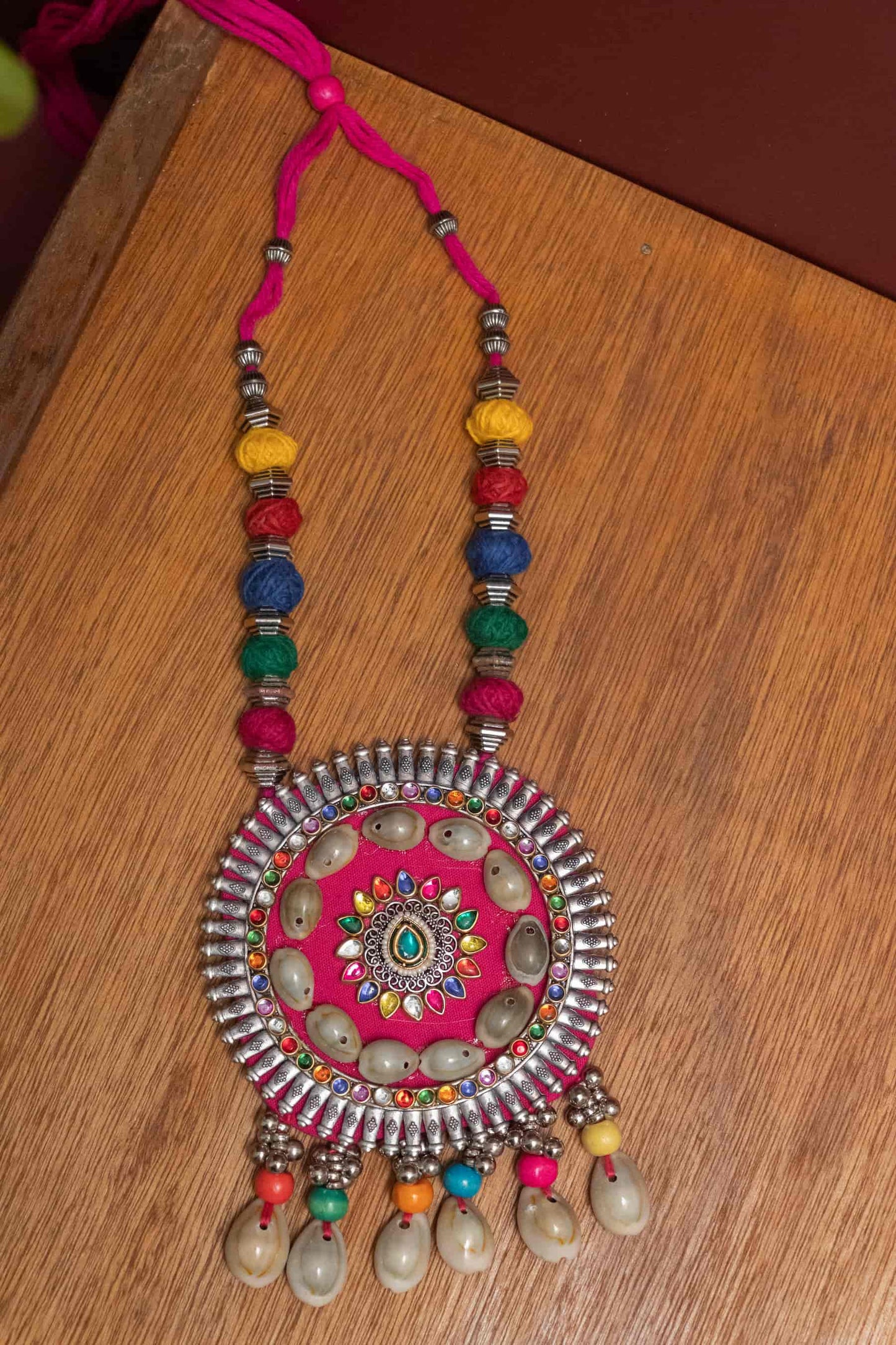 Fabric Kodi Necklace with Round Charm & Multicolor Stone