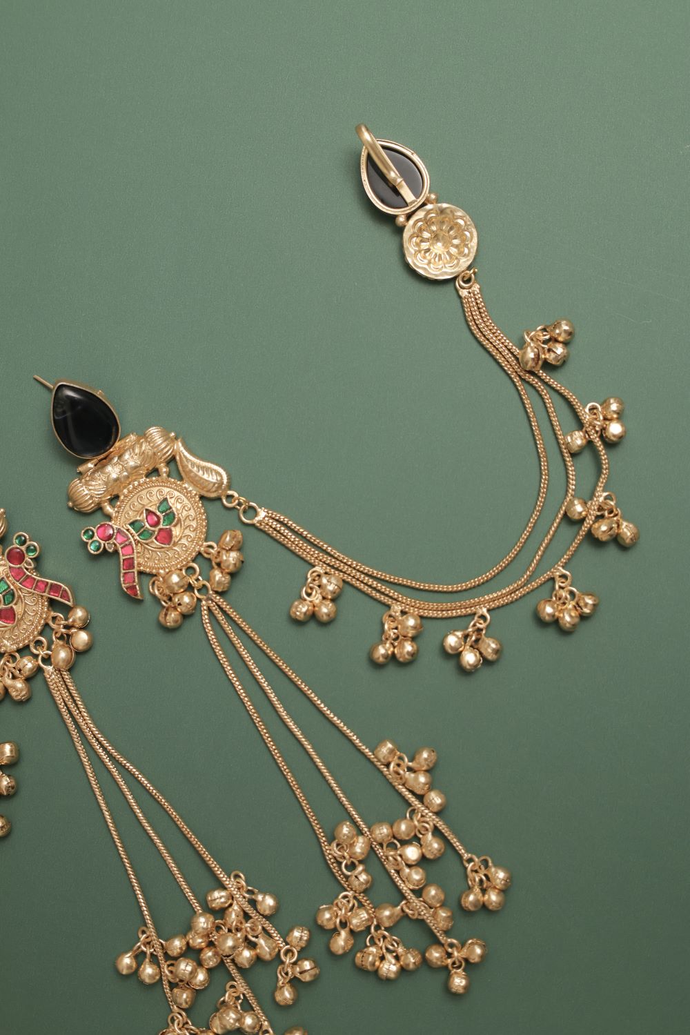 Silver Look-Alike Earring with Cabochons & Hanging Beads
