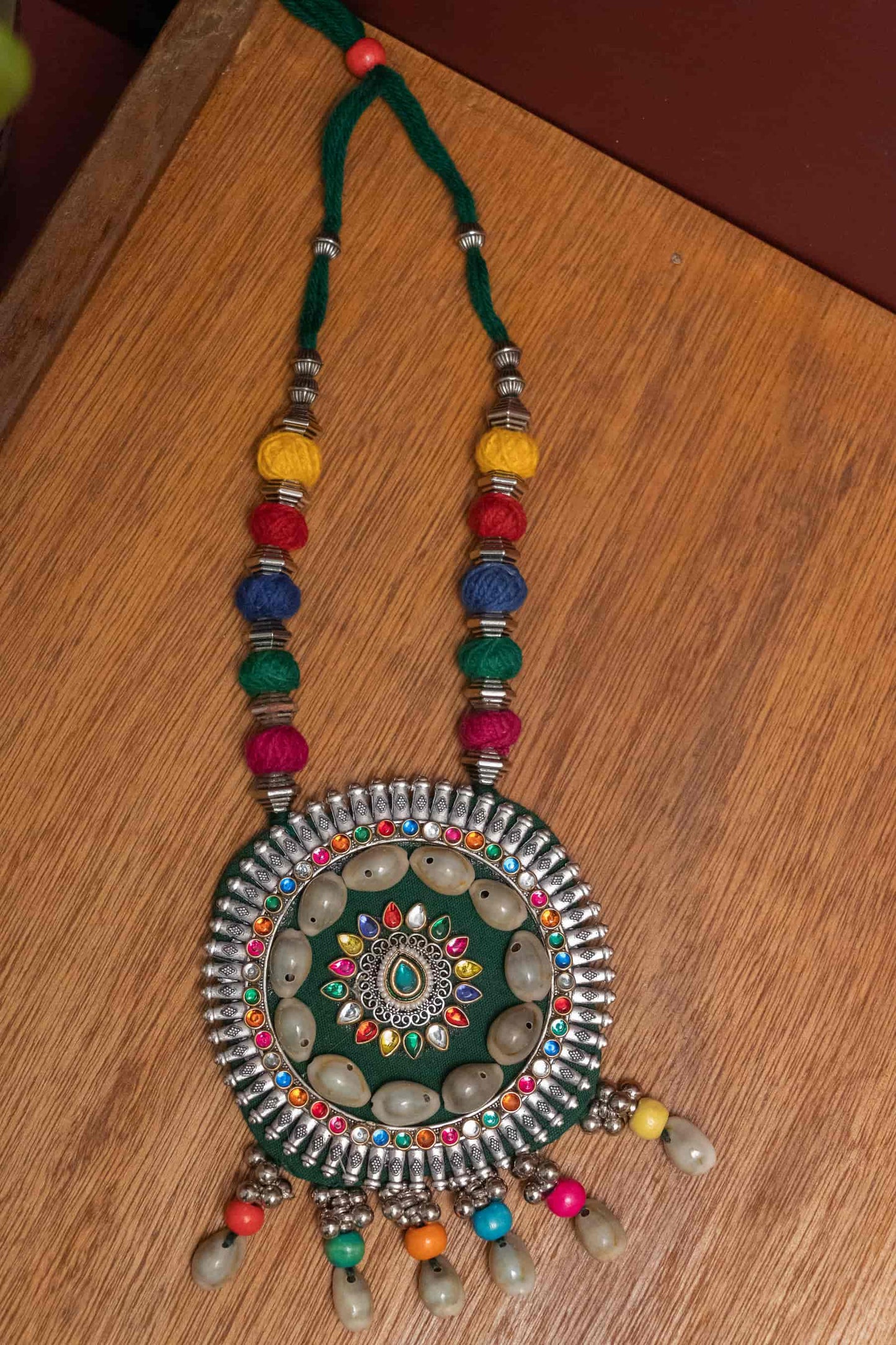 Fabric Kodi Necklace with Round Charm & Multicolor Stone