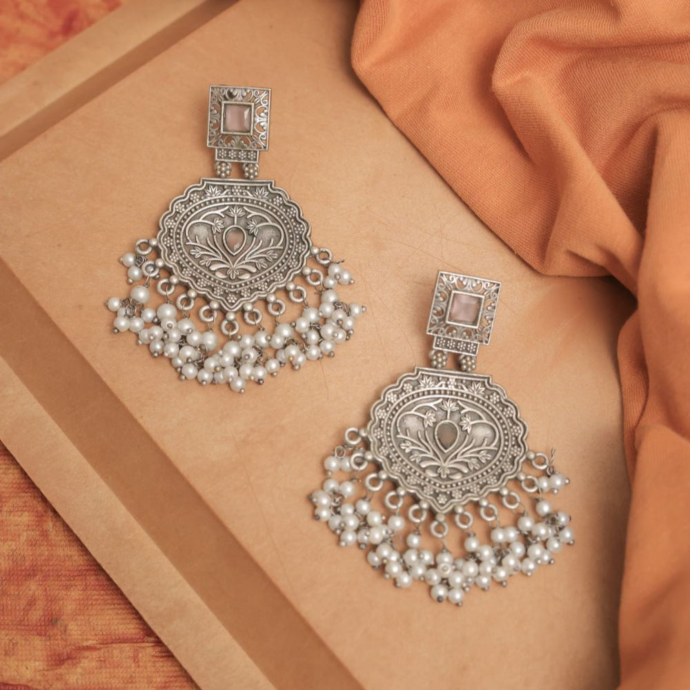 Silver Look-Alike Earring with Hanging Beads & Square Stone Stud