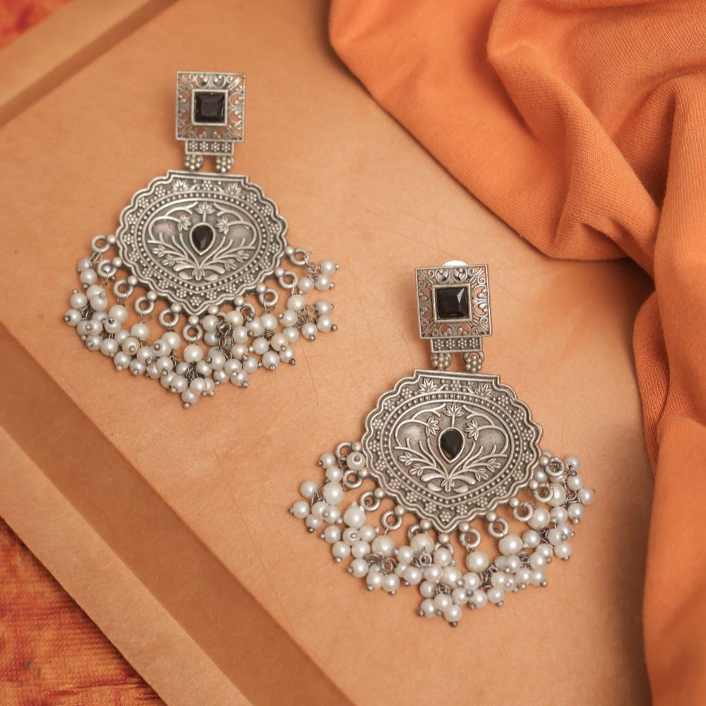 Silver Look-Alike Earring with Hanging Beads & Square Stone Stud