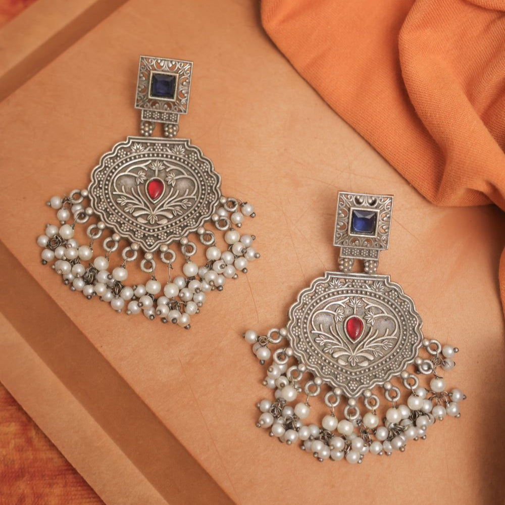 Silver Look-Alike Earring with Hanging Beads & Square Stone Stud