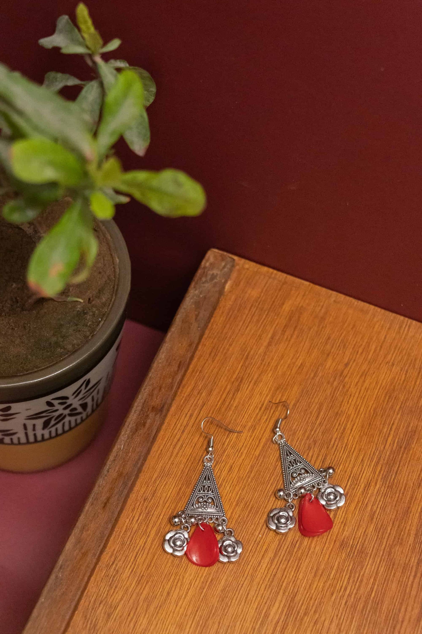 Oxodise Triangle Pendant Necklace with Dangling Floral Beads