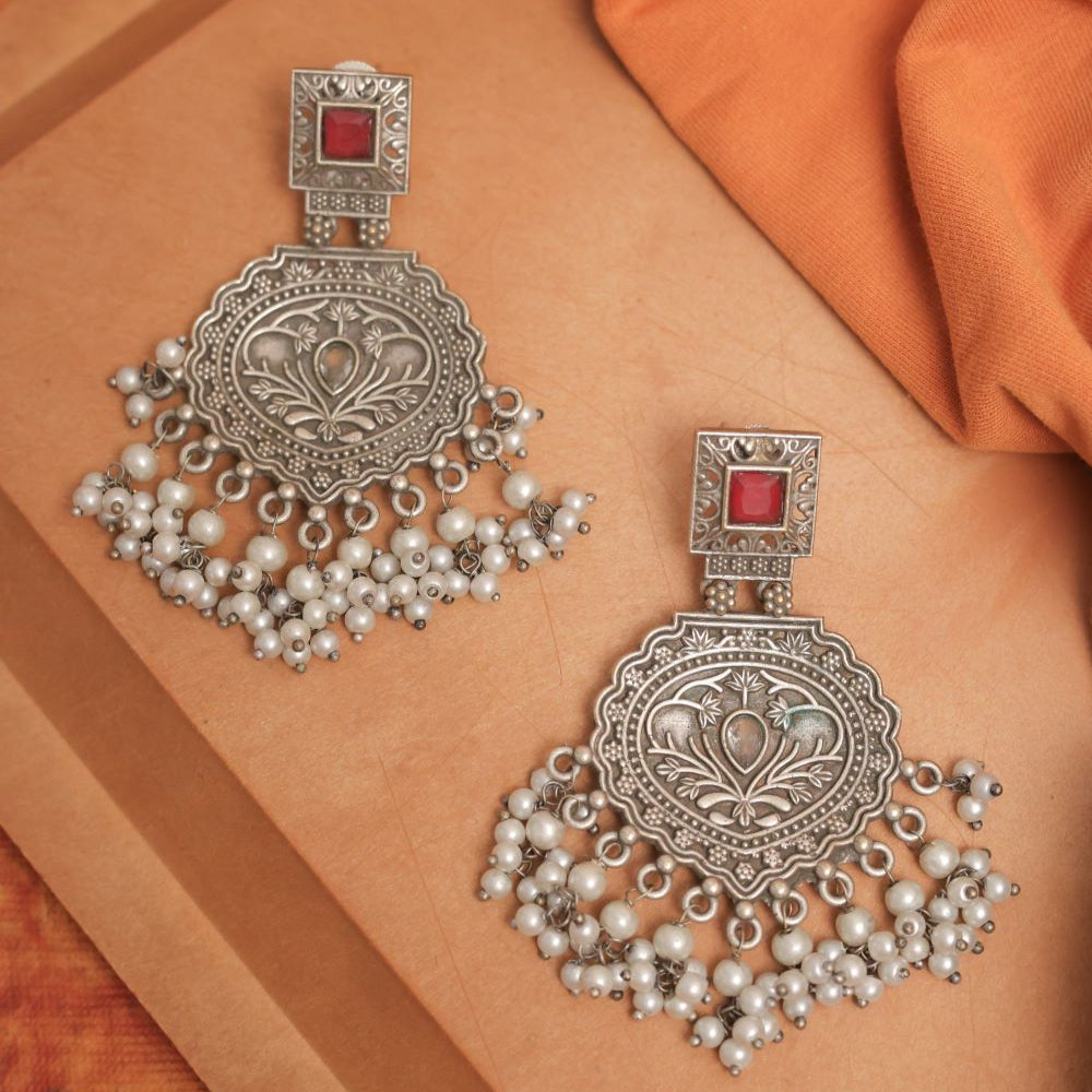 Silver Look-Alike Earring with Hanging Beads & Square Stone Stud