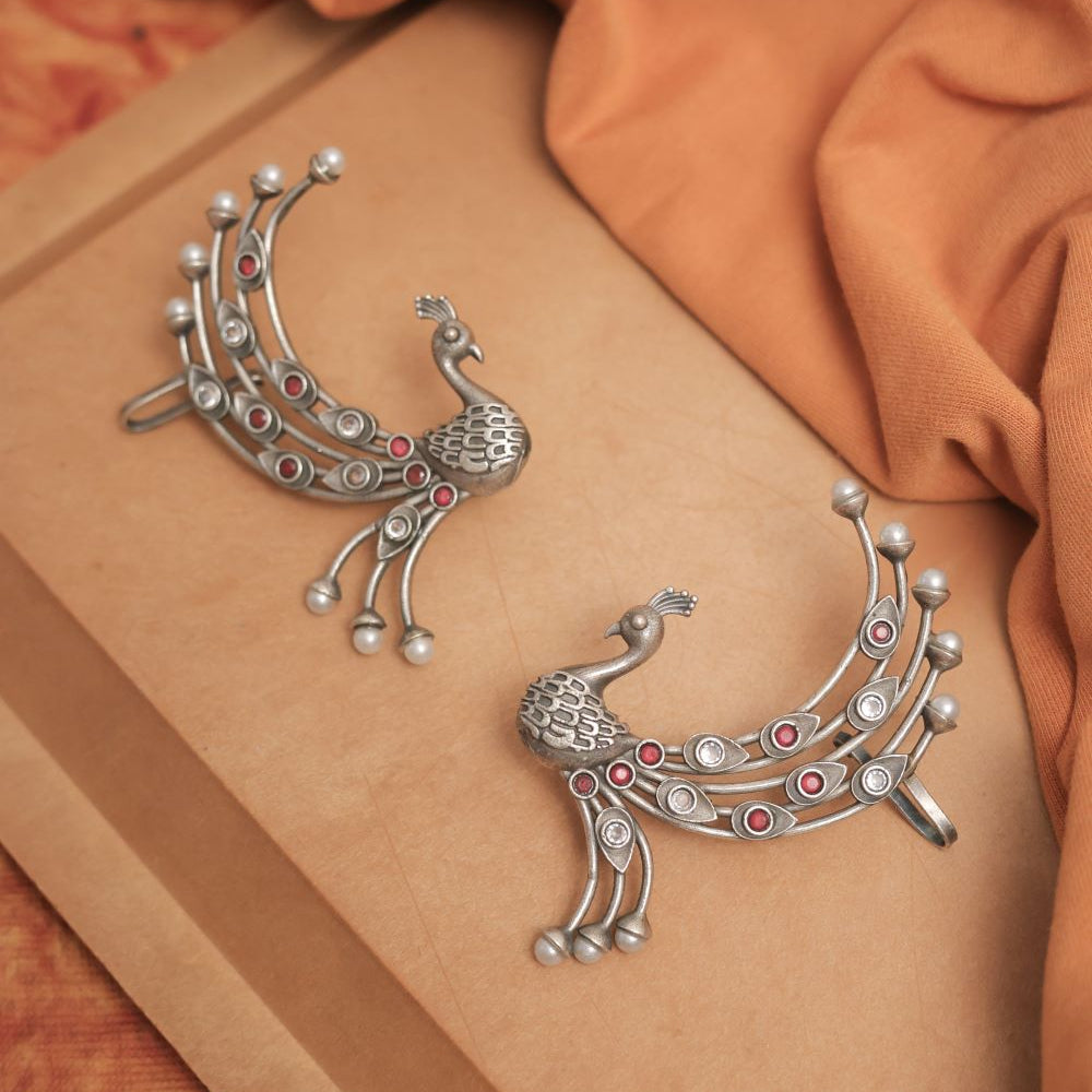Peacock Style Silver Look-Alike Earring with Colorful Cabochons