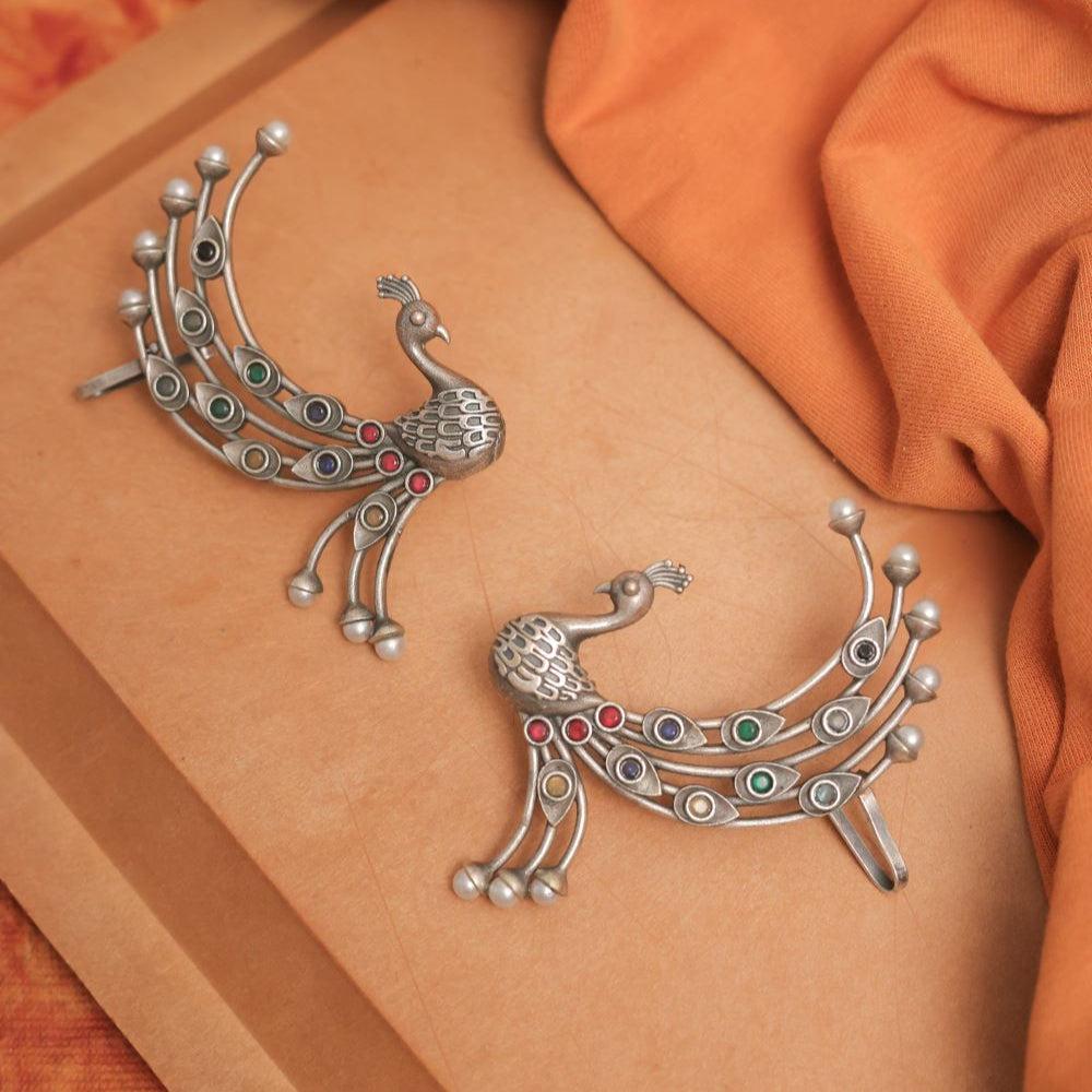Peacock Style Silver Look-Alike Earring with Colorful Cabochons