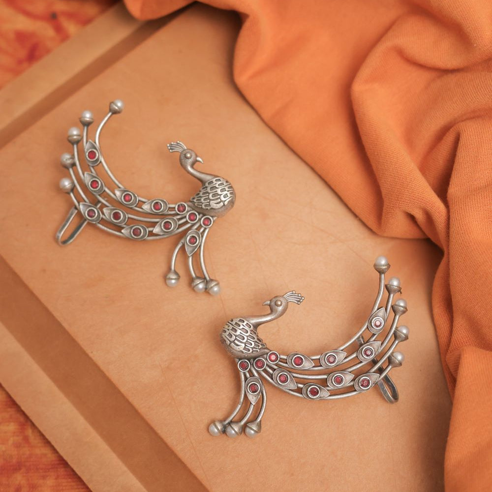 Peacock Style Silver Look-Alike Earring with Colorful Cabochons