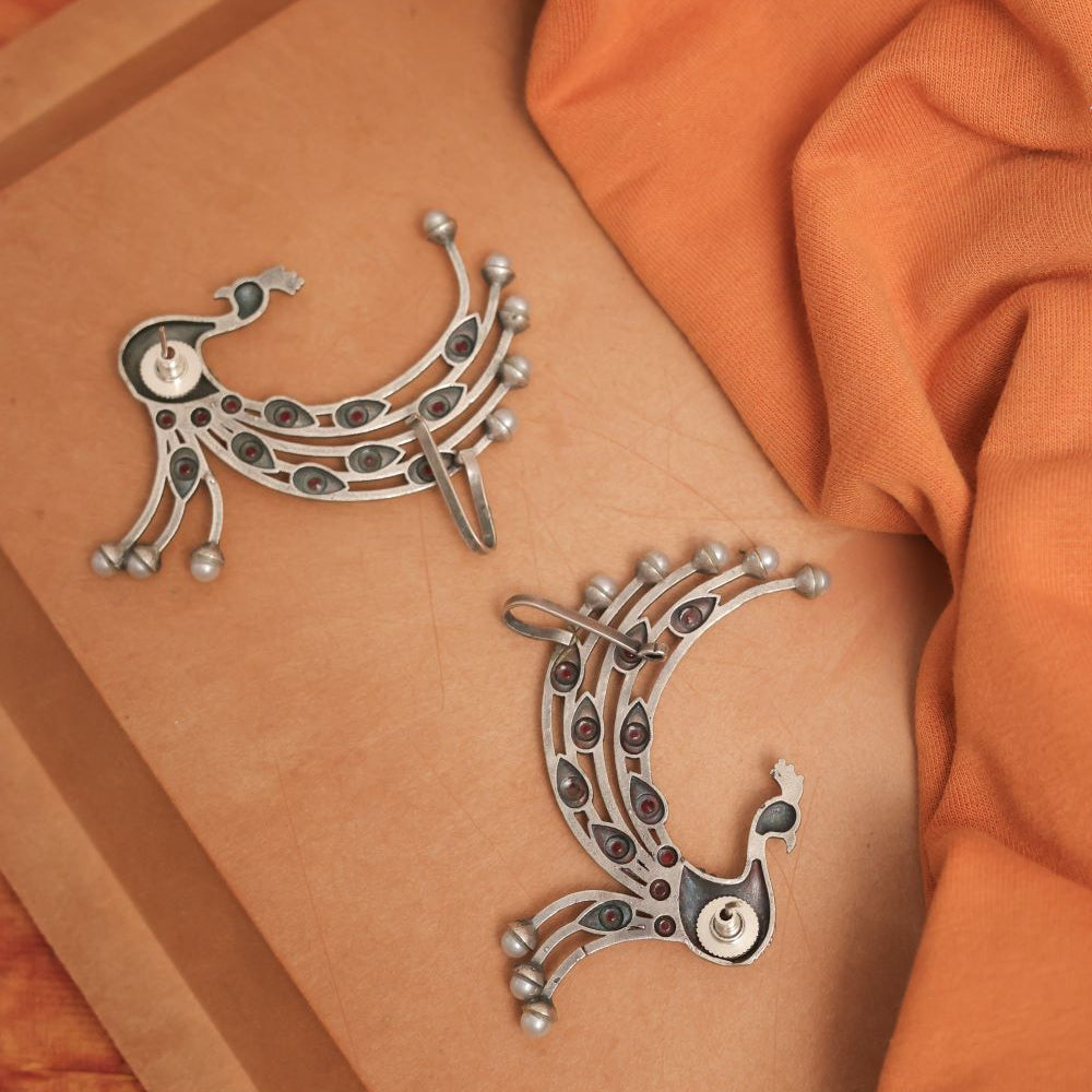 Peacock Style Silver Look-Alike Earring with Colorful Cabochons