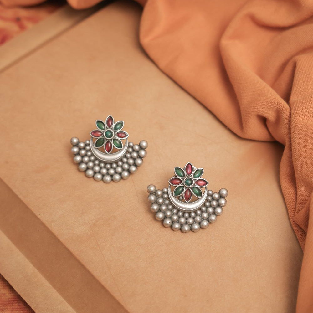 Silver Look-Alike Earring with Multicolor Floral Petal Cabochons