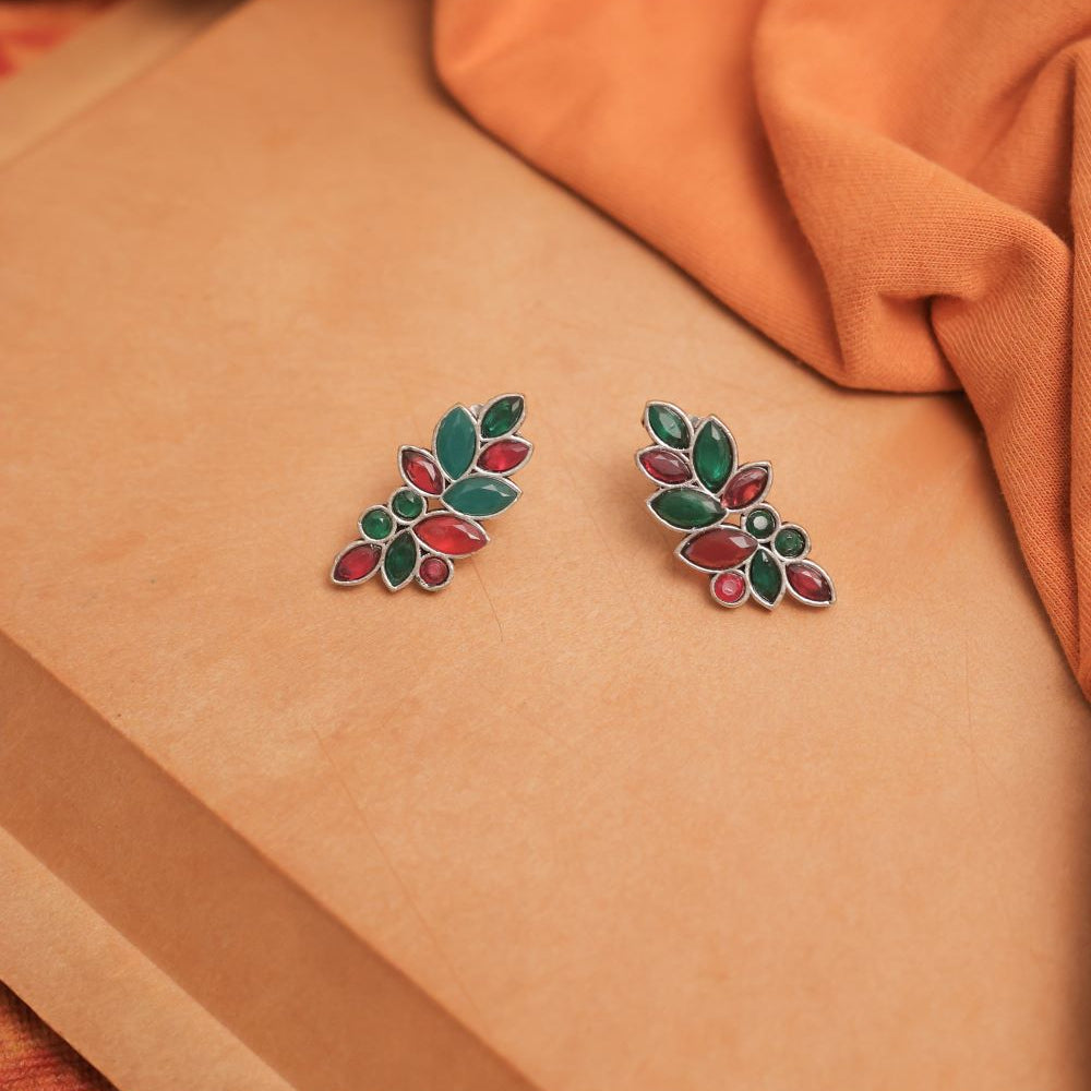 Oxidise Leaf Cluster Studs with Mulicolor Glass Stones
