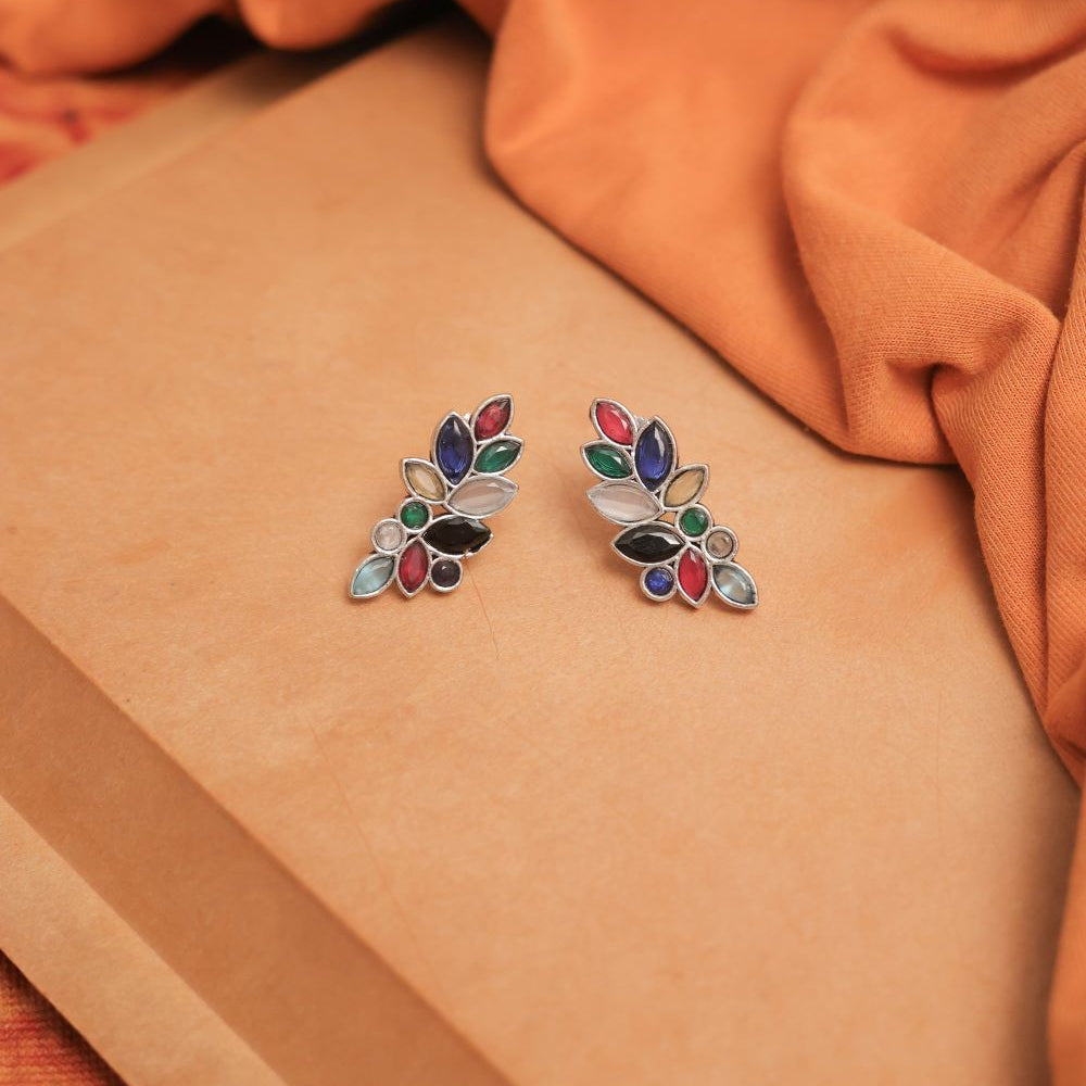Oxidise Leaf Cluster Studs with Mulicolor Glass Stones
