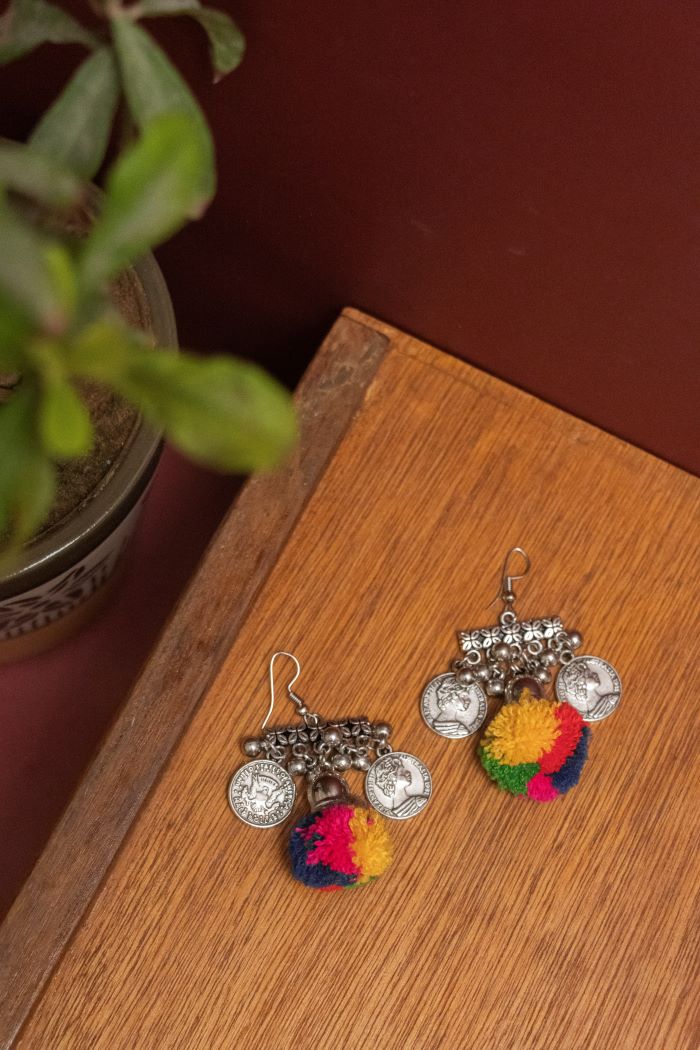 Oxodise Double Layer Square Bird Charm with Dangling Pom Poms