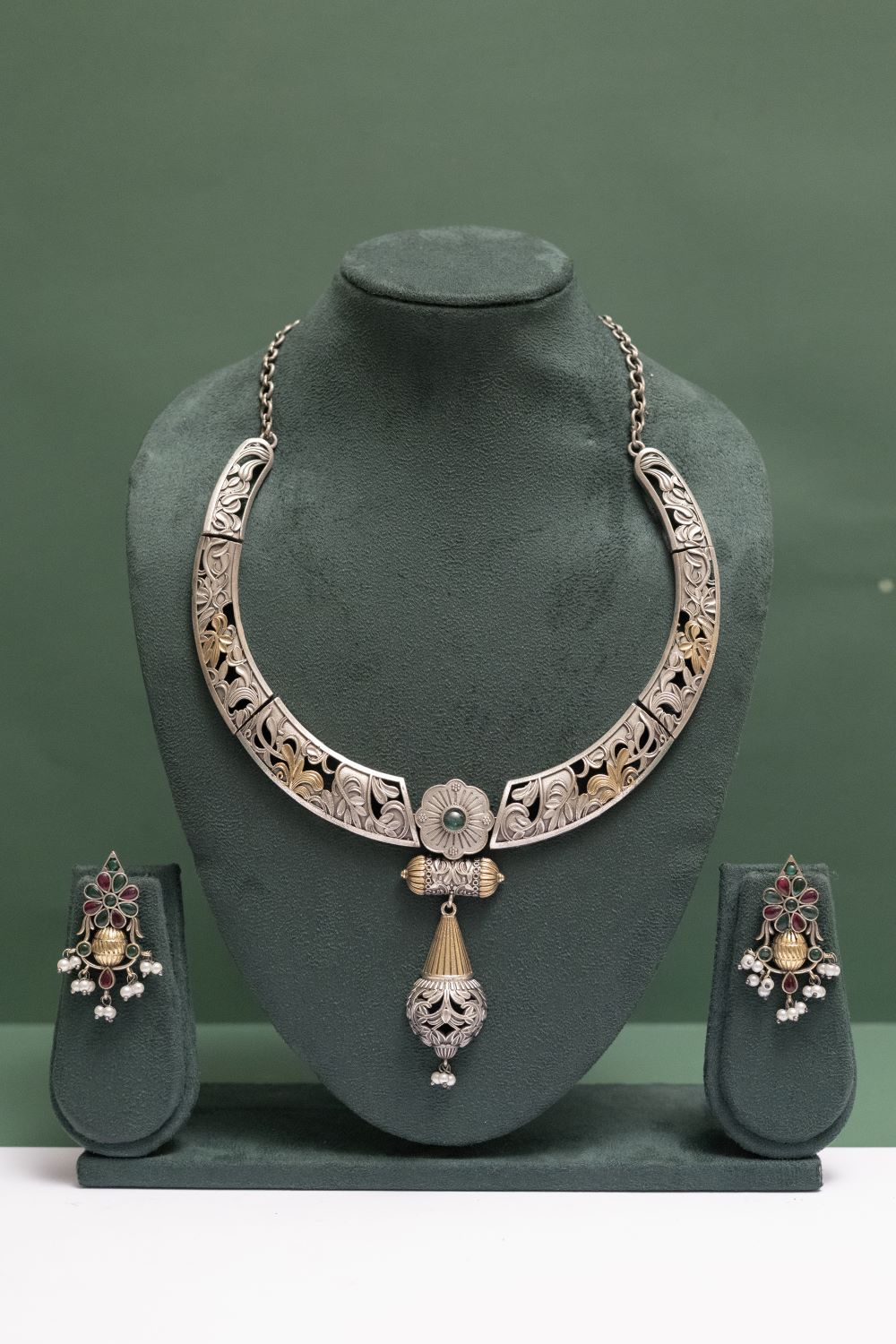 Silver Look-Alike Two Tone Choker with Multicolor Cabochons