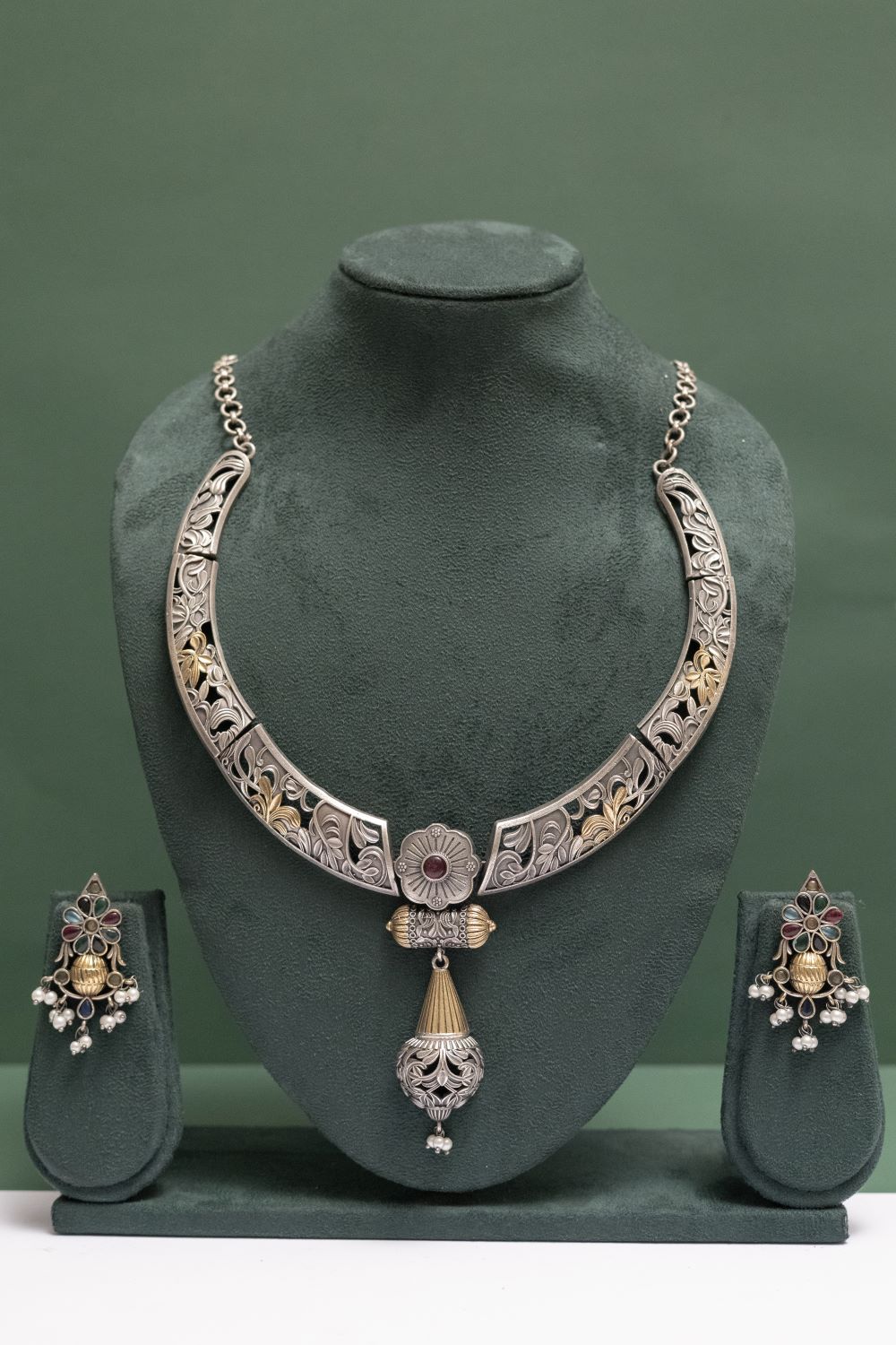 Silver Look-Alike Two Tone Choker with Multicolor Cabochons